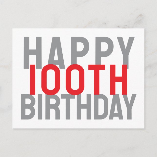 Red Grey White Modern Bold Happy 100th Birthday Postcard (Front)