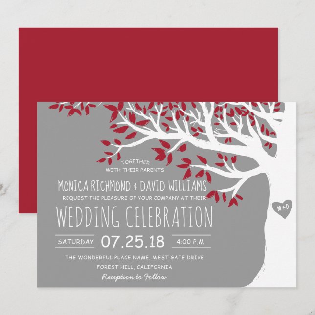 Red Grey White Tree Rustic Vintage Wedding Invitation (Front/Back)