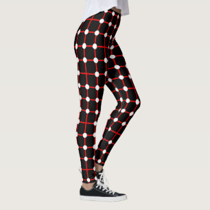 Red Grid and White Dot Pattern on Black Leggings