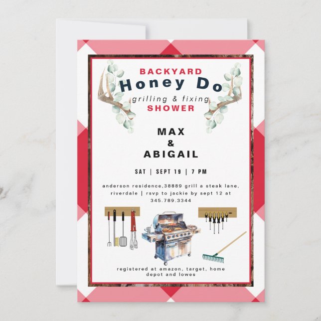 Red Grilling & Fixing Antlers Couples Shower  Invitation (Front)