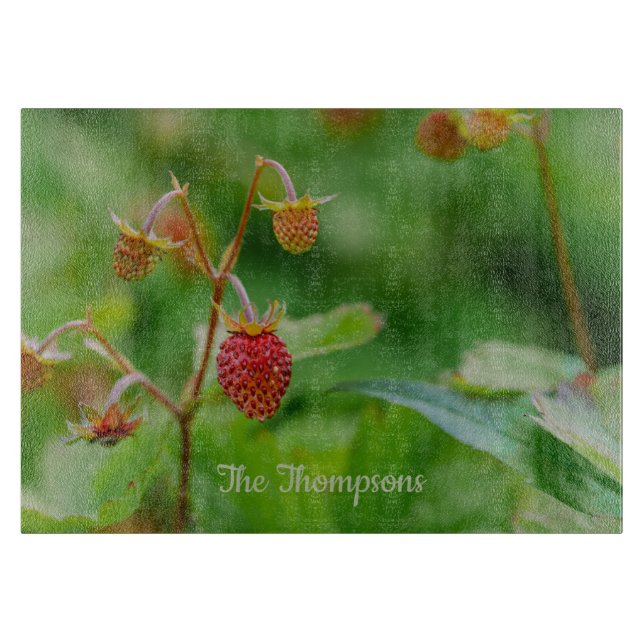 Red Growing Woodland Strawberry On Green Photo Cutting Board (Front)