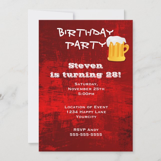 Red Grunge Abstract Birthday Party with Beer Mug Invitation (Front)
