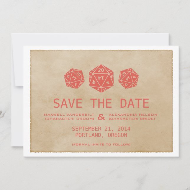 Red Grunge D20 Dice Gamer Save the Date Invite (Front)
