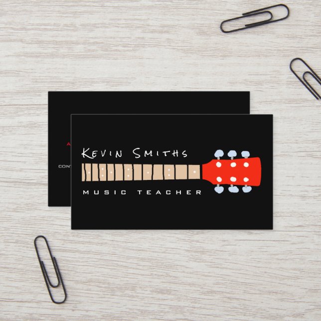 Red Guitar Neck on Black Music Teacher Business Card (Front/Back In Situ)
