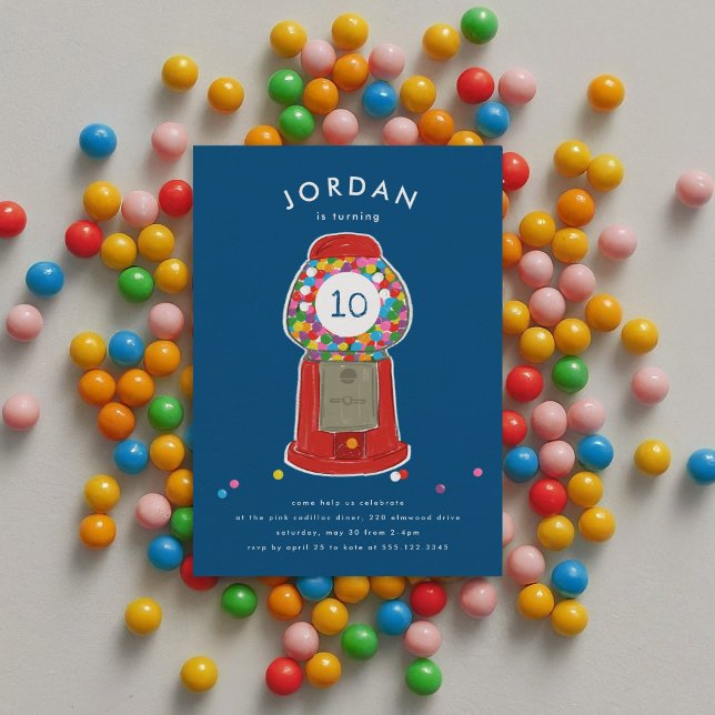 Red Gumball Machine Candy Bubble Gum Birthday Invitation (Red retro gumball candy machine kids blue birthday party invitation.)