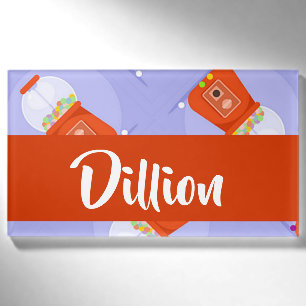 Red gumball machine on blue name tag