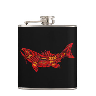 Red Haida Spirit Fish on Black Hip Flask