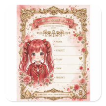 Red Hair Anime Girl School Label