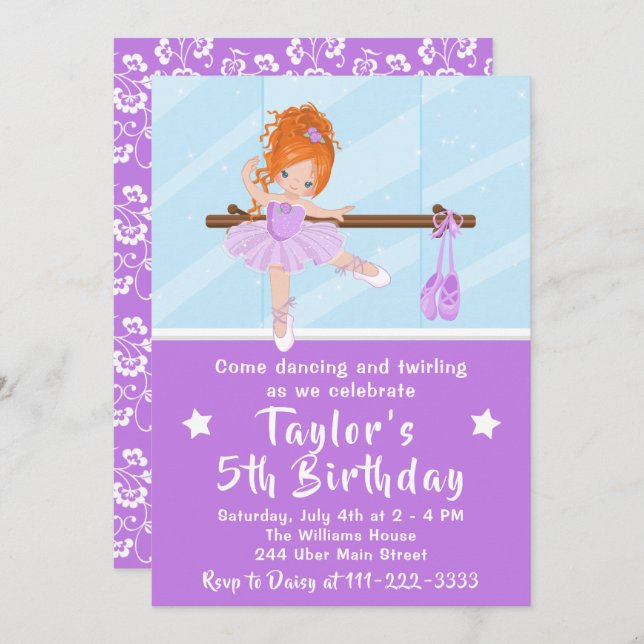 Red Hair Ballerina in Purple Tutu Birthday Invitat Invitation (Front/Back)