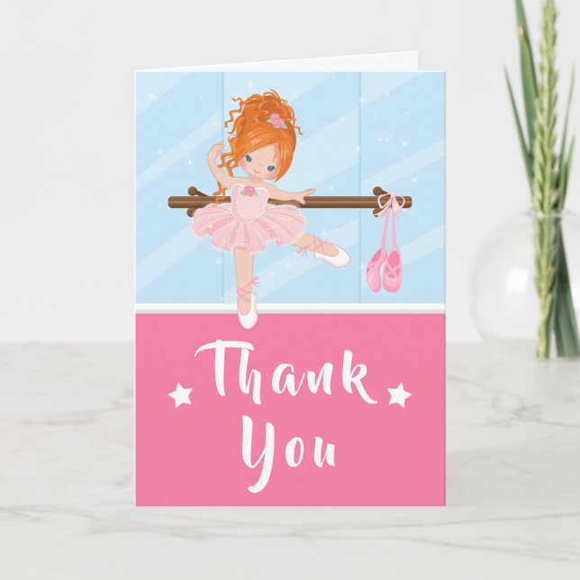 Red Hair Ballerina Pink Birthday Thank You Card (Front)