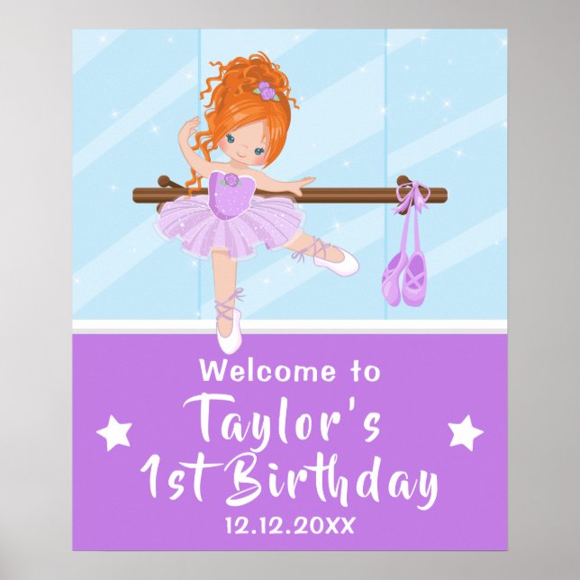 Red Hair Ballerina Purple Tutu Welcome Sign (Front)
