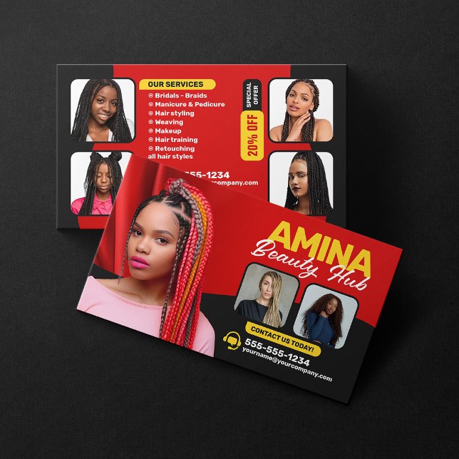 Red Hair & Beauty Salon Braider Hairstylist Wigs Business Card (Creator Uploaded)