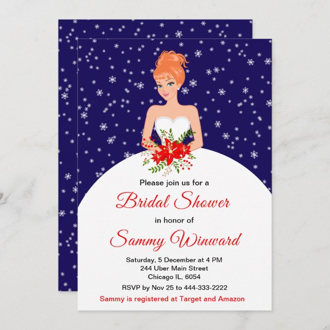 Red Hair Bride Snowflake Navy Bridal Shower Invitation (Front/Back)
