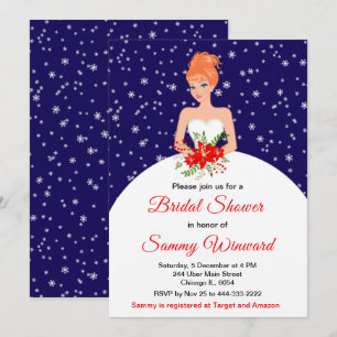 Red Hair Bride Snowflake Navy Bridal Shower Invitation
