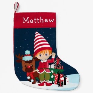 Red Hair Elf Boy with Rudolph Christmas Stocking