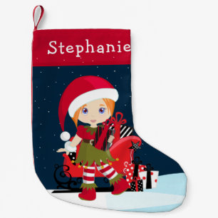 Red Hair Elf Girl with Rudolph Christmas Stocking