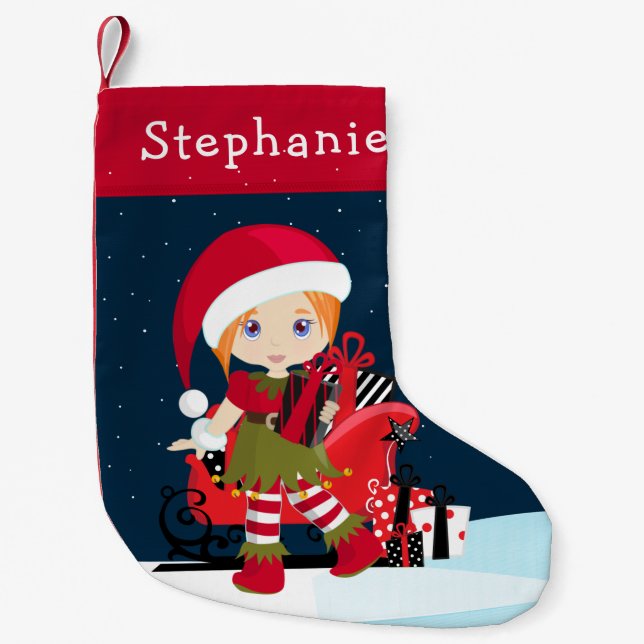 Red Hair Elf Girl with Rudolph Christmas Stocking (Front)