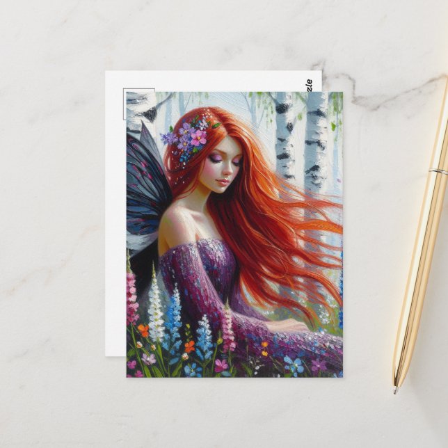 Red Hair Fairy in Spring Birch Forest Postcard (Front/Back In Situ)