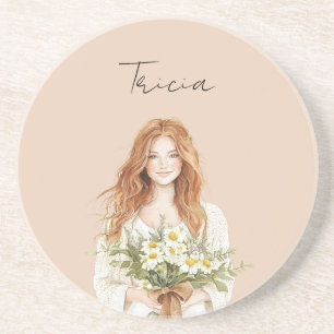 Red Hair Female Daisy Flowers Personalised Coaster