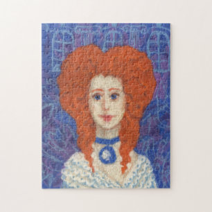 Red Hair, ginger girl rococo fibre art blue orange Jigsaw Puzzle