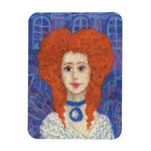 Red Hair, ginger girl rococo fibre art blue orange Magnet