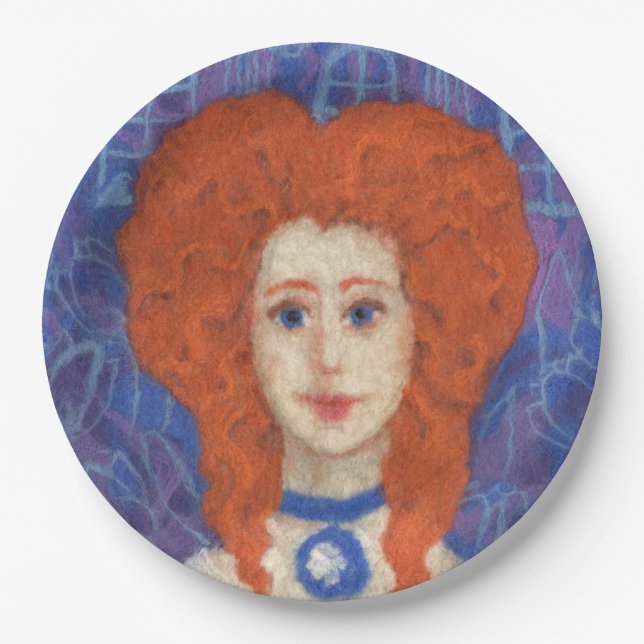 Red Hair, ginger girl rococo fibre art blue orange Paper Plate (Front)