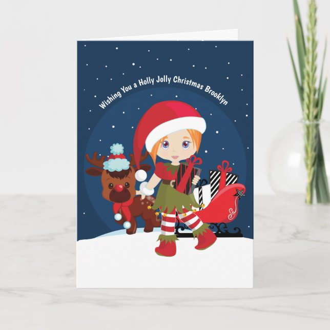 Red Hair Girl Elf Holiday Card (Front)