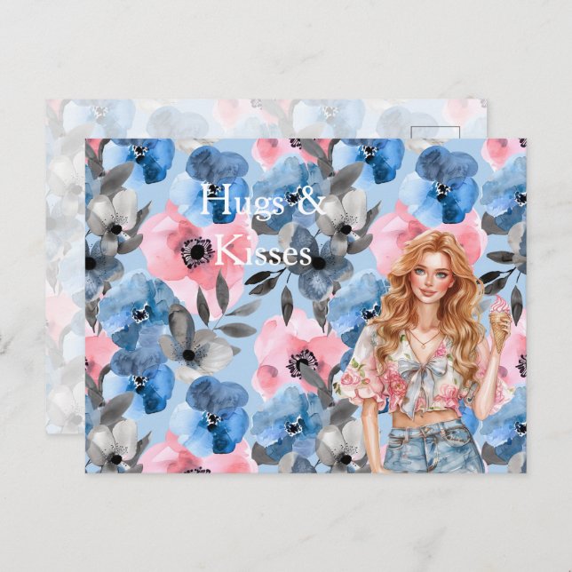 Red Hair Girl Ice Cream Blue Floral Hugs Kisses Postcard (Front/Back)