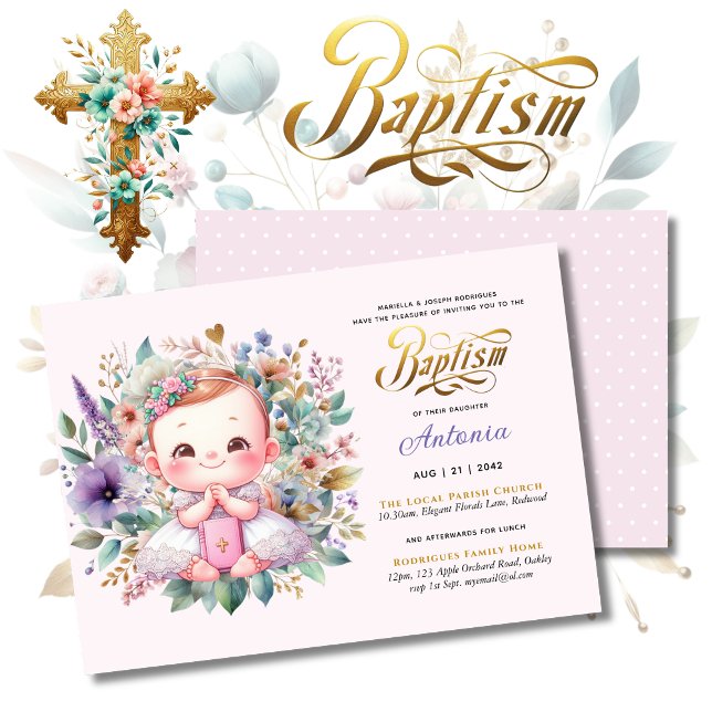 Red Hair Girl's BAPTISM Purple Gold Floral Cross Invitation (Creator Uploaded)