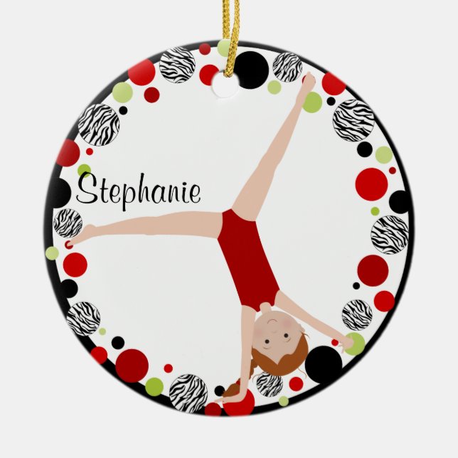 Red Hair Gymnast Red, Black & Green Personalised Ceramic Tree Decoration (Front)