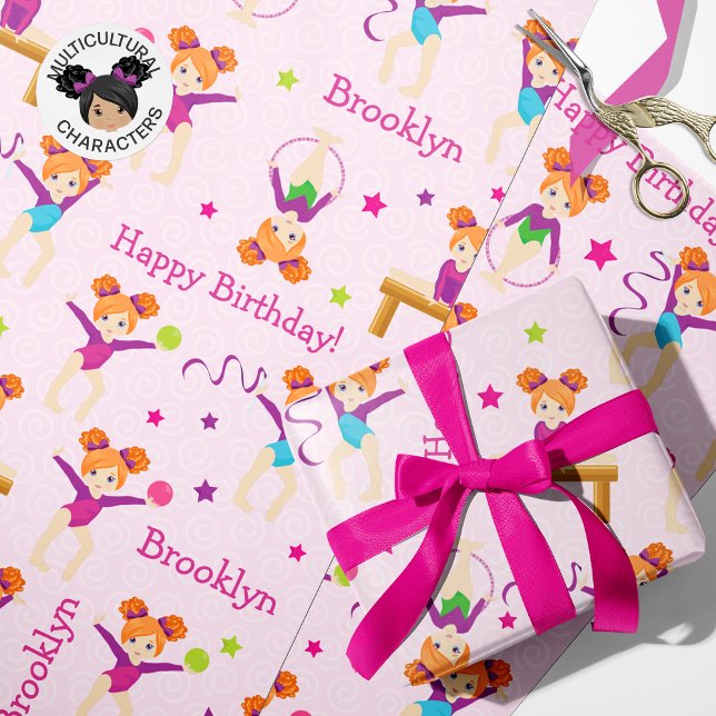 Red Hair Gymnastics Birthday Wrapping Paper (Creator Uploaded)