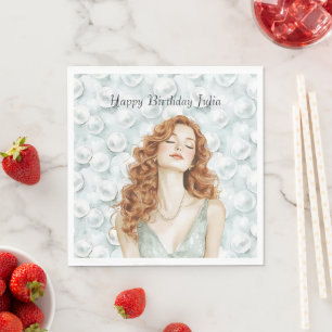 Red Hair Lady Mint Dress Pearls Birthday Napkin