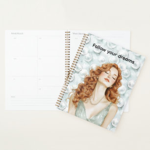 Red Hair Lady Mint Dress Pearls Planner