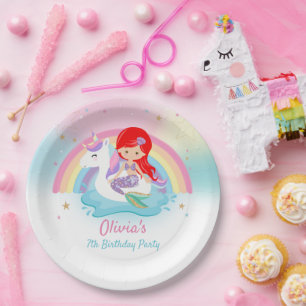 Red Hair Mermaid and Unicorn Pool Birthday Party Paper Plate