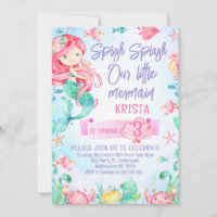 Red Hair Mermaid Under the Sea Birthday Invitation