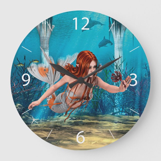 Red Hair Mermaid Underwater Fantasy Art Large Clock (Front)
