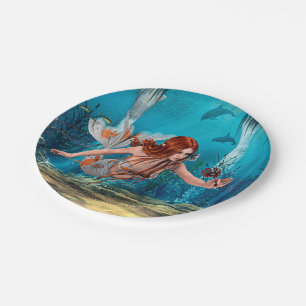 Red Hair Mermaid Underwater Fantasy Art Paper Plate