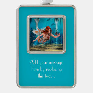 Red Hair Mermaid Underwater Fantasy Art Silver Plated Framed Ornament