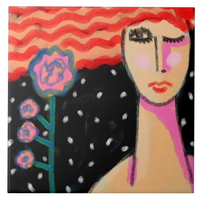 Red Hair Pink Roses Abstract Art Tile (Front)