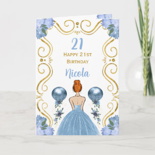 Red Hair Princess Blue Happy Birthday Card