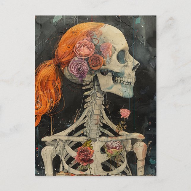 Red Hair Skeleton With Flowers Postcard (Front)