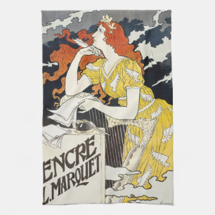 Red Hair Woman Yellow Dress Classic Art Nouveau Tea Towel