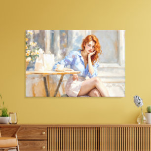  Red haired beauty girl sitting at a cafe soft art Canvas Print