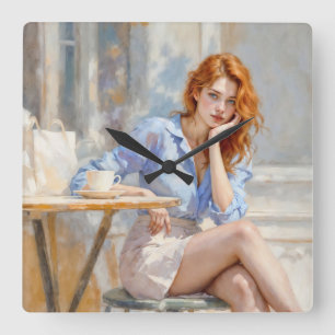 Red haired beauty girl sitting at a cafe soft art square wall clock