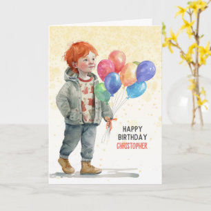 Red Haired Boy with Name and Balloons Birthday Card