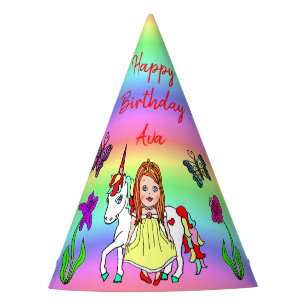 Red Haired Fairy and Unicorn Birthday Hat