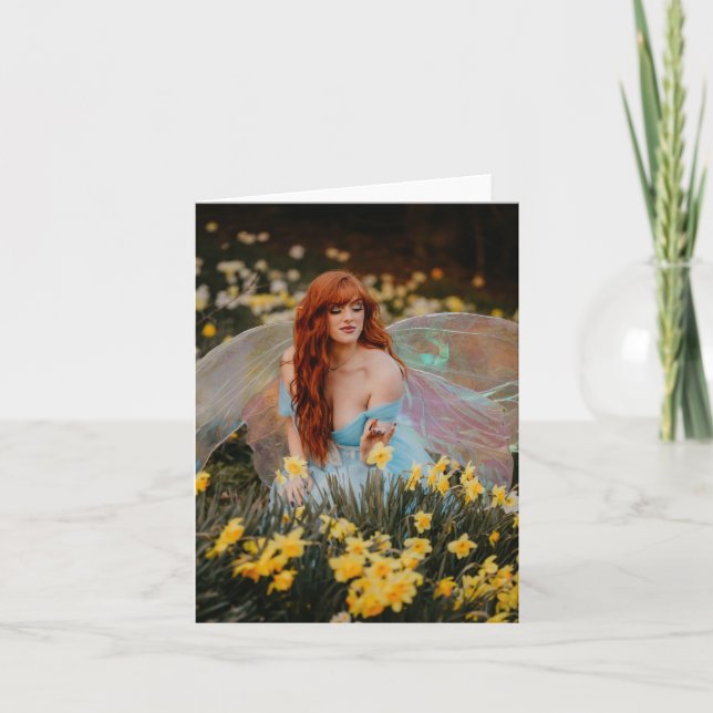 Red-Haired Fairy Picking Daffodils - Folded Card (Front)