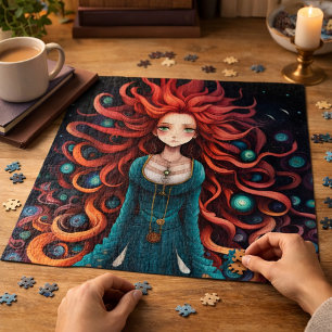 Red Haired Fantasy Girl Art Nouveau Illustration   Jigsaw Puzzle