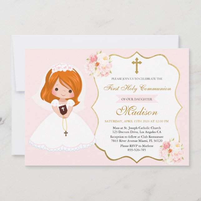 Red haired Girl First Holy Communion Invitation (Front)