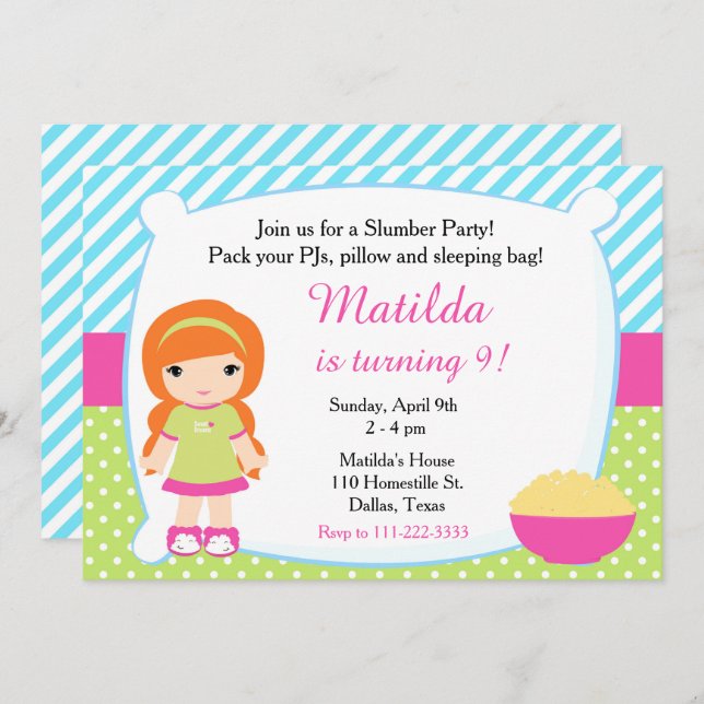 Red Haired Girl Sleepover Slumber Party Birthday Invitation (Front/Back)